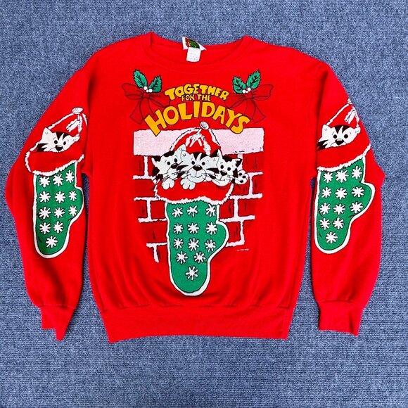 VTG 88 Xmas Sweatshirt Small Cats in Stockings Together For the Holidays 3D Puff - Picture 1 of 7